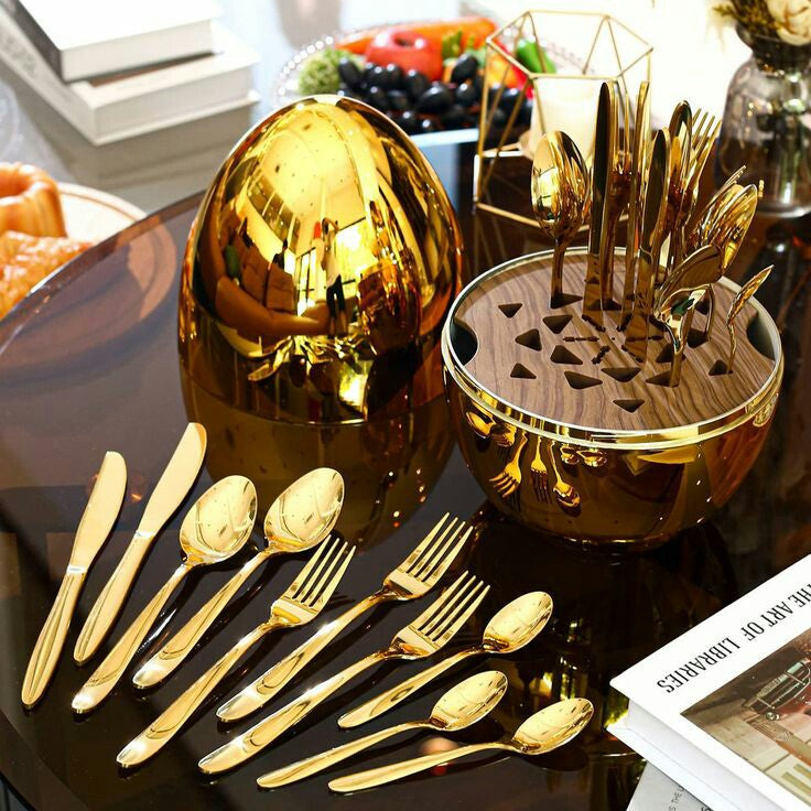 NEW DESIGN 24 PCS CUTLERY SET WITH EGG SHAPE STAND WITH GOLDEN AND SILVER COLOUR