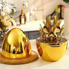 NEW DESIGN 24 PCS CUTLERY SET WITH EGG SHAPE STAND WITH GOLDEN AND SILVER COLOUR